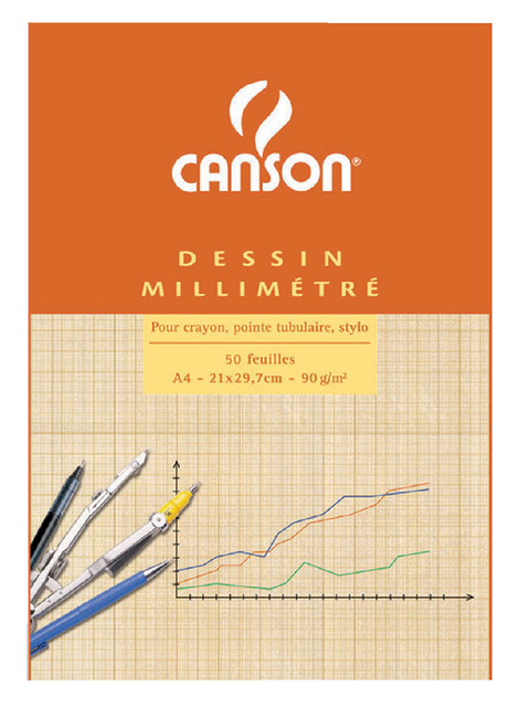Millimeterpapier Canson bruingeel bedrukt 50vel 90gr A4 wit