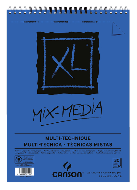 Mixed mediapapier Canson XL Textured Mixed Media 30vel 300gr A3 wit