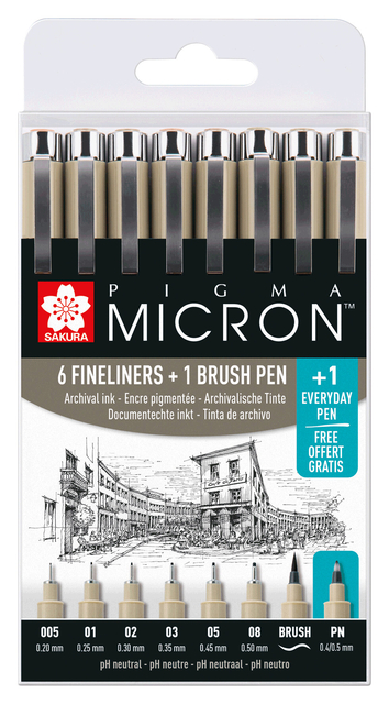 Fineliner Sakura Pigma Micron set à 6 schrijfbreedtes met brushpen en PN zwart