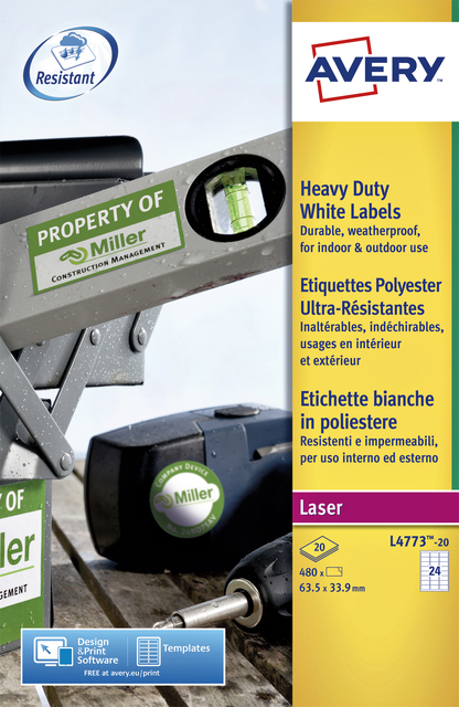 Etiket Avery L4773-20 63.5x33.9mm polyester wit 480 stuks