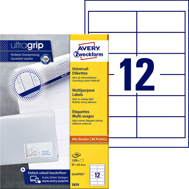Etiket Avery 3659 97x42.3mm wit 1200 stuks