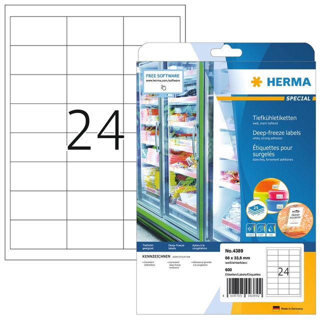Etiket HERMA 4389 66x33.8mm diepvries wit 600 stuks