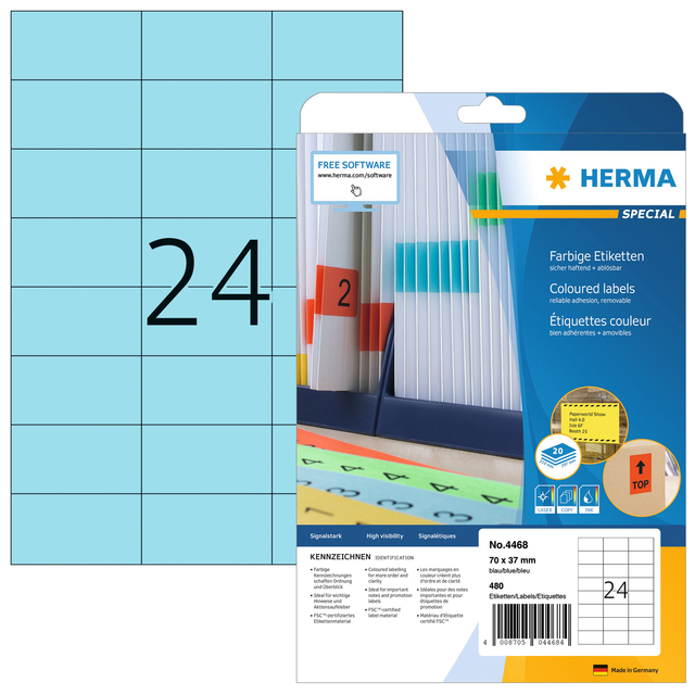 Etiket HERMA 4468 70x37mm verwijderbaar blauw 480 stuks