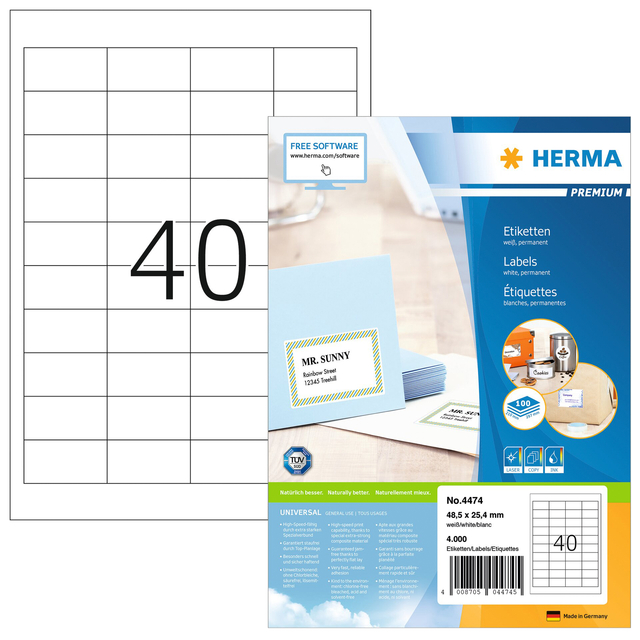 Etiket HERMA 4474 48.5x25.4mm premium wit 4000 stuks