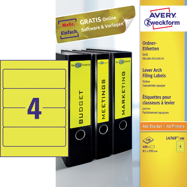 Rugetiket Avery breed 61x192mm zelfklevend geel 100 vel