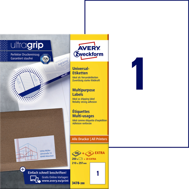 Etiket Avery 3478-200 210x297mm A4 wit 200 stuks