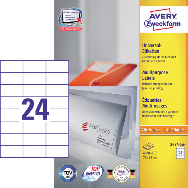 Etiket Avery 3474-200 70x37mm wit 4800 stuks