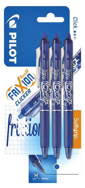 Rollerpen PILOT friXion clicker medium blauw blister à 3 stuks