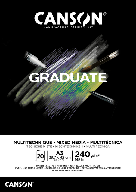 Mixed mediapapier Canson Graduate Mixed Media 20vel 240gr A3 zwart