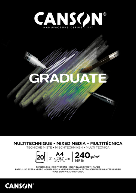 Mixed mediapapier Canson Graduate Mixed Media 20vel 240gr A4 zwart