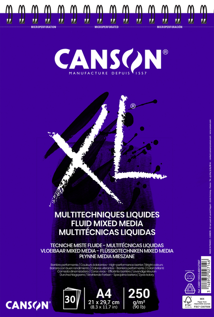 Mixed mediapapier Canson XL Fluid Mixed Media 30vel 250gr A4 extra wit
