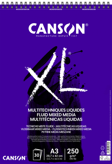 Mixed mediapapier Canson XL Fluid Mixed Media 30vel 250gr A3 extra wit