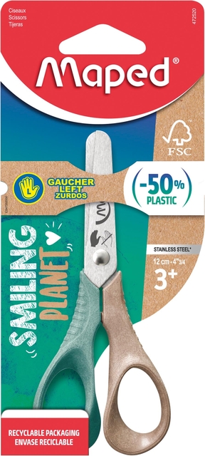 Kinderschaar Maped Smiling Planet 12cm linkshandig bruin/groen