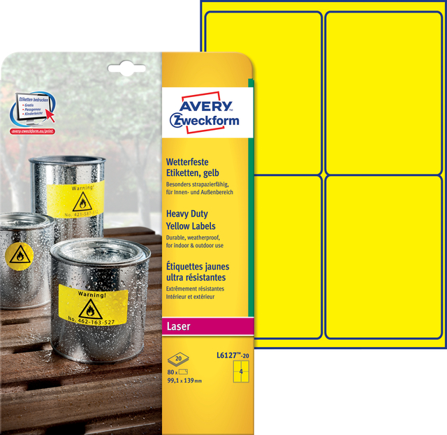 Etiket Avery L6127-20 99.1x139mm geel 80 stuks