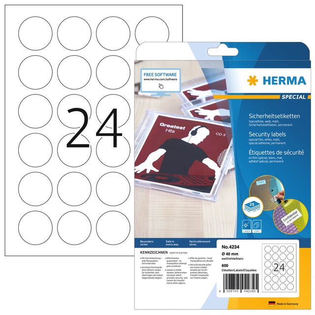 Veiligheidsetiket HERMA 4234 rond 40mm wit 600 stuks