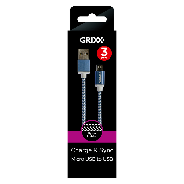 Kabel Grixx Micro USB naar USB-A 3m blauw Wit