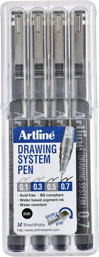 [634974] Fineliner Artline technisch etui met 0.1-0.3-0.5-0.7mm zwart
