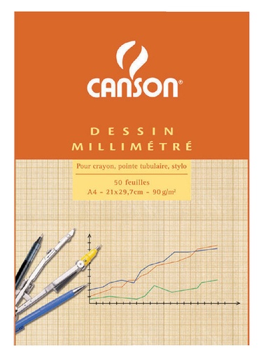 [744007] Millimeterpapier Canson bruingeel bedrukt 50vel 90gr A4 wit