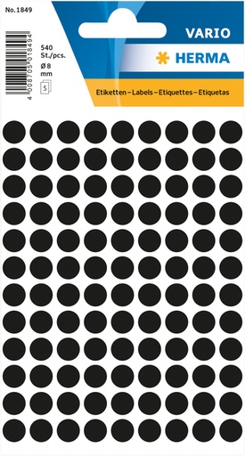 [810901] Etiket HERMA 1849 rond 8mm zwart 540 stuks