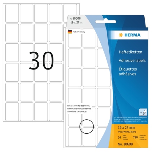 [810913] Etiket HERMA 10608 19x27mm verwijderbaar wit 720 stuks