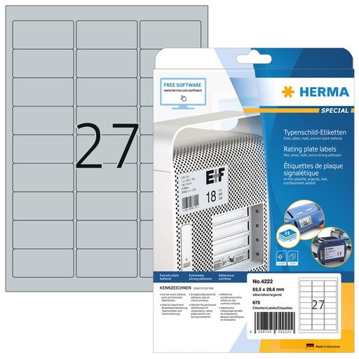 [810940] Etiket HERMA 4222 63.5x29.6mm weerbestendig zilver 675 stuks