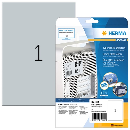 [810942] Etiket HERMA 4224 210x297mm weerbestendig zilver 25 stuks