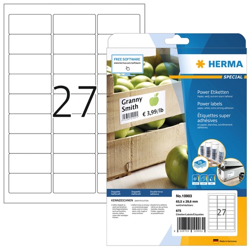 [810949] Etiket HERMA Power 10903 63.5x29.6mm wit 675 stuks