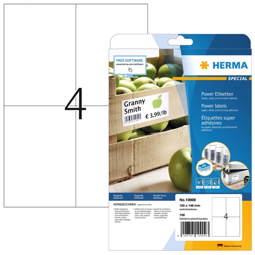 [810950] Etiket HERMA Power 10909 105x148mm wit 100 stuks