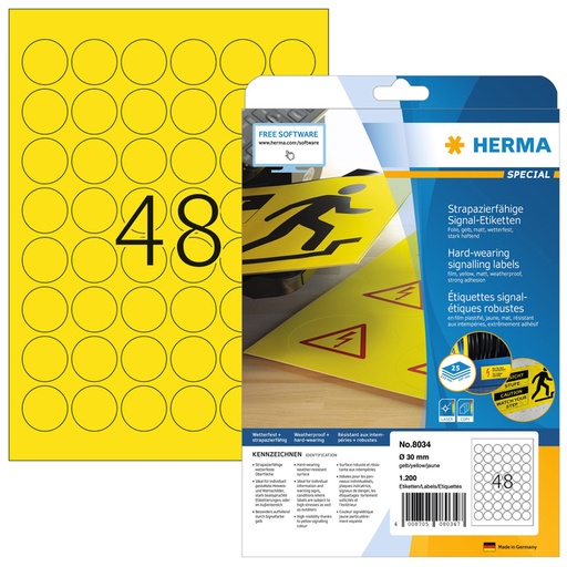 [810957] Etiket HERMA 8034 30mm rond weerbestendig geel 1200 stuks