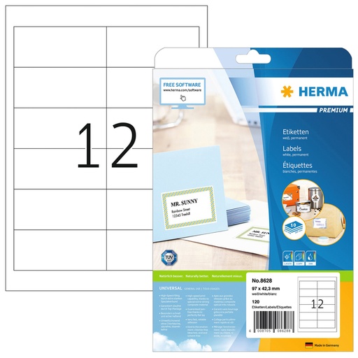 [810971] Etiket HERMA 8628 97x42.3mm premium wit 120 stuks