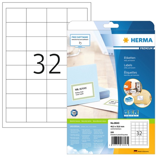 [810975] Etiket HERMA 8643 48.3x33.8mm premium wit 320 stuks