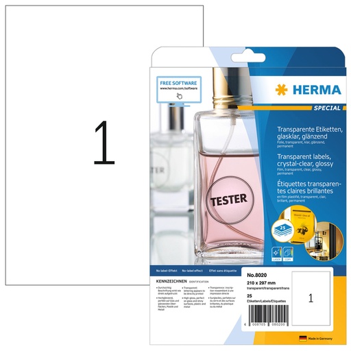 [810982] Etiket HERMA 8020 210x297mm transparant 25 etiketten