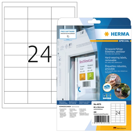 [810990] Etiket HERMA 4573 66x33.8mm folie wit 480 stuks