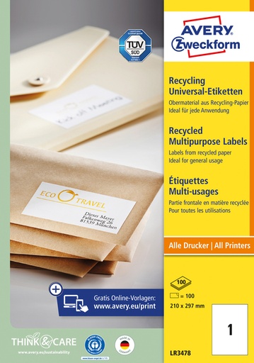 [811040] Etiket Avery LR3478 210x297mm A4 recycled wit 100 stuks