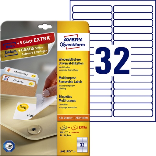 [811142] Etiket Avery L6031REV-25 96x16.9mm afneembaar wit 800 stuks