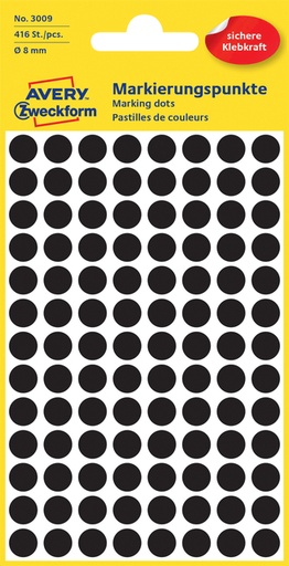 [811150] Etiket Avery 3009 rond 8mm zwart 416 stuks