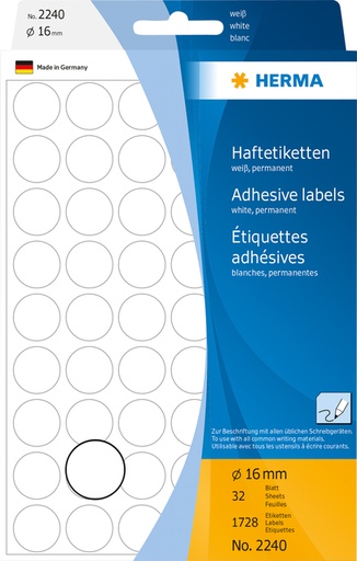 [816170] Etiket HERMA 2240 rond 16mm wit 1728 stuks