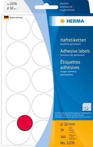 [816226] Etiket HERMA 2276 rond 32mm fluor rood 360 stuks