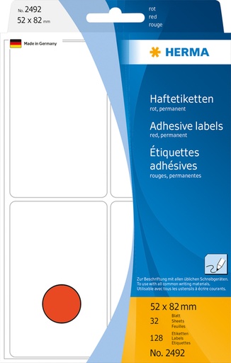 [816822] Etiket HERMA 2492 52x82mm rood 128 stuks