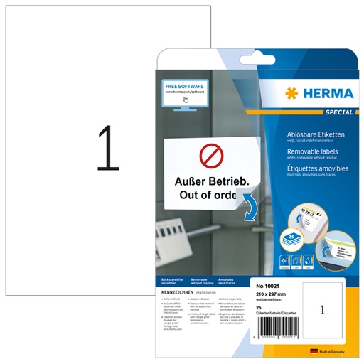[816900] Etiket HERMA 10021 210x297mm A4 verwijderbaar wit 25 stuks