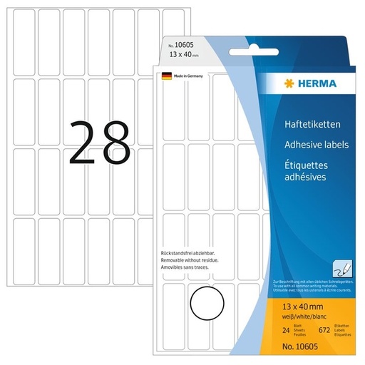 [816904] Etiket HERMA 10605 13x40mm verwijderbaar wit 672 stuks