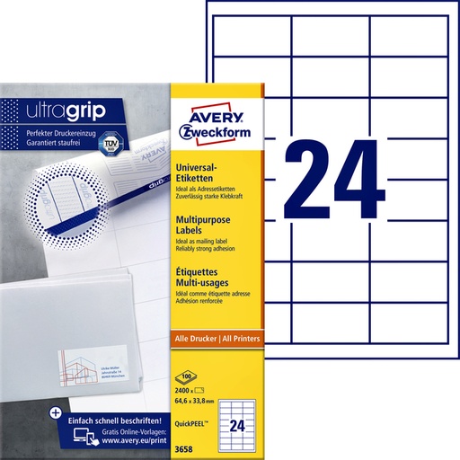 [816994] Etiket Avery 3658 64.6x33.8mm wit 2400 stuks