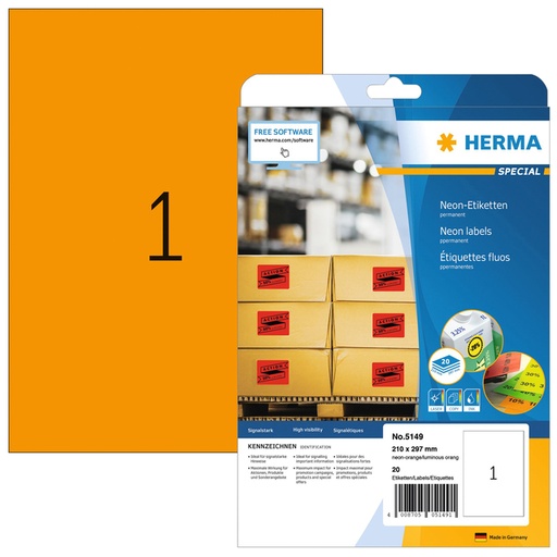 [817101] Etiket HERMA 5149 210x297mm A4 fluor oranje 20 stuks