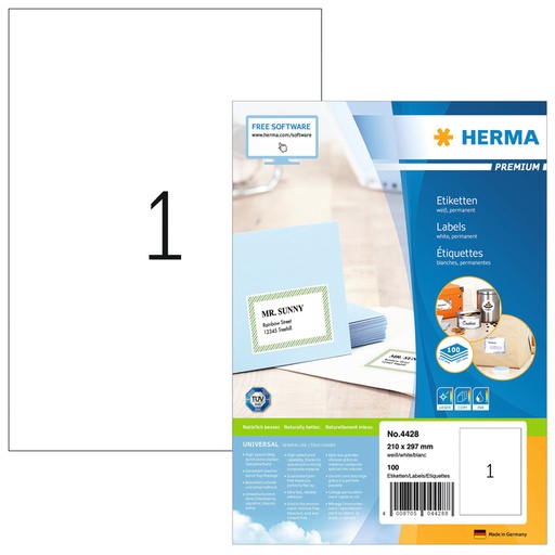 [817128] Etiket HERMA 4428 210x297mm A4 premium wit 100 stuks