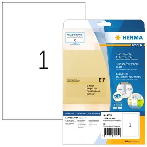 [817139] Etiket HERMA 4375 210x297mm A4 transparant 25 stuks