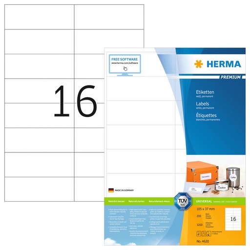 [817162] Etiket HERMA 4620 105x37mm premium wit 3200 stuks