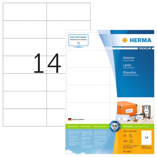 [817166] Etiket HERMA 4625 105x42.3mm premium wit 2800 stuks
