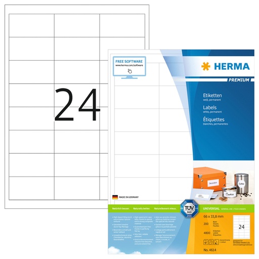 [817177] Etiket HERMA 4614 66x33.8mm premium wit 4800 stuks