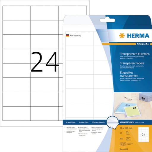 [817294] Etiket HERMA 4681 66x33.8mm transparant 600 stuks