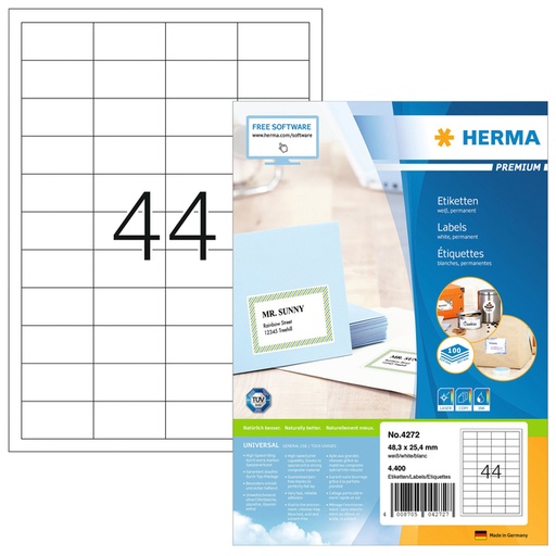 [817484] Etiket HERMA 4272 48.3x25.4mm premium wit 4400 stuks